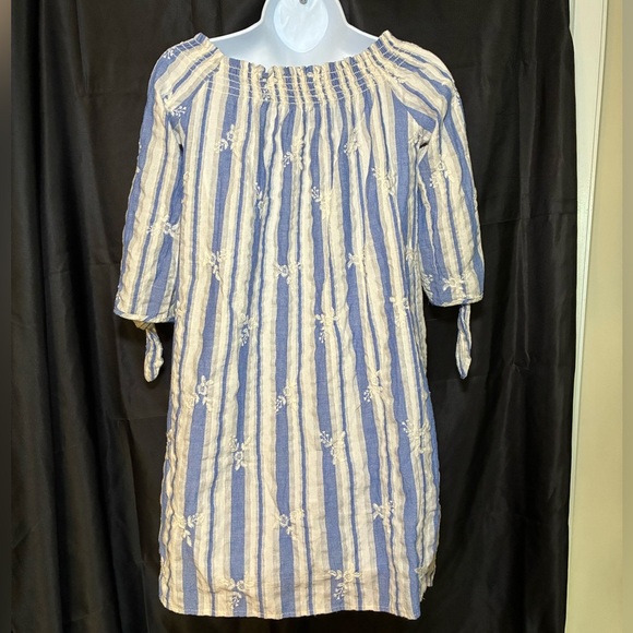 Everly Woman’s Off The Shoulder Mini Dress Blue White Stripe Medium Embroidered - Picture 8 of 11
